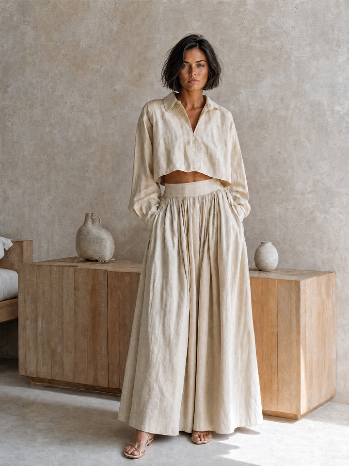 Women's Vacation-Style Beige Cotton-Linen Collared Dropped-Shoulder Long-Sleeve Cropped Top + High-Waist Pleated Wide-Leg Pants MDZ0766G0CMX