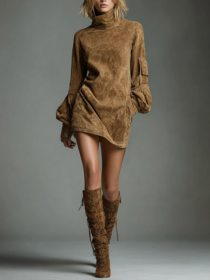 Suede Turtleneck Dress