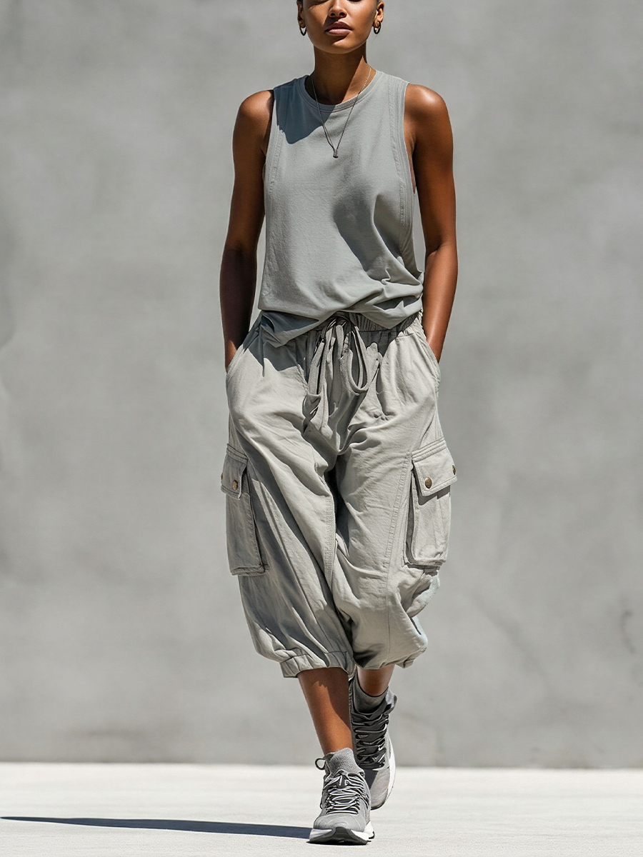 Women’s Grey Sleeveless Tank Top & Cargo Jogger Shorts Two-Piece Set MDZ0853E1T
