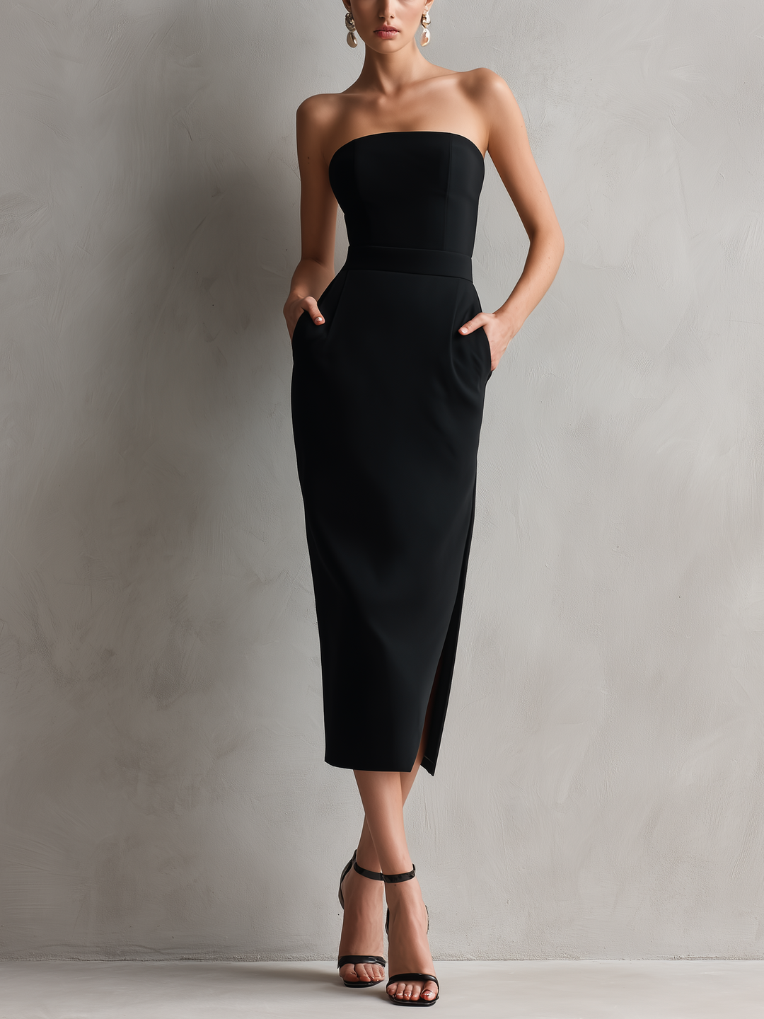 Black Strapless Midi Dress