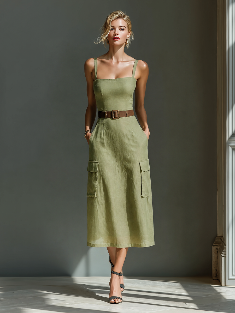 Olive Linen Midi Dress