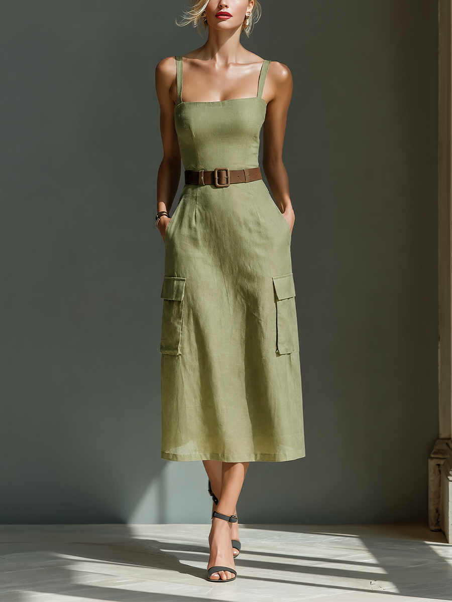 Olive Linen Midi Dress
