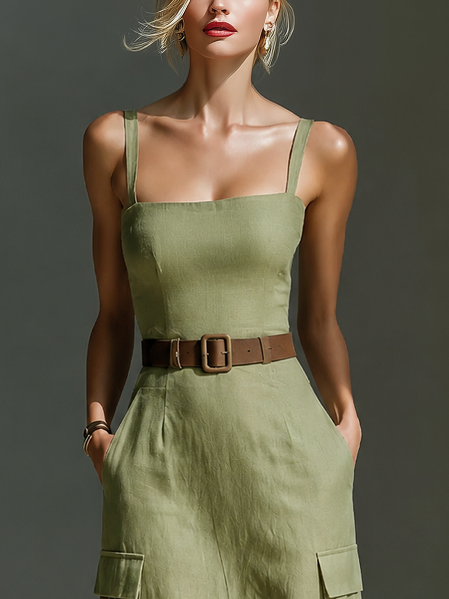 Olive Linen Midi Dress