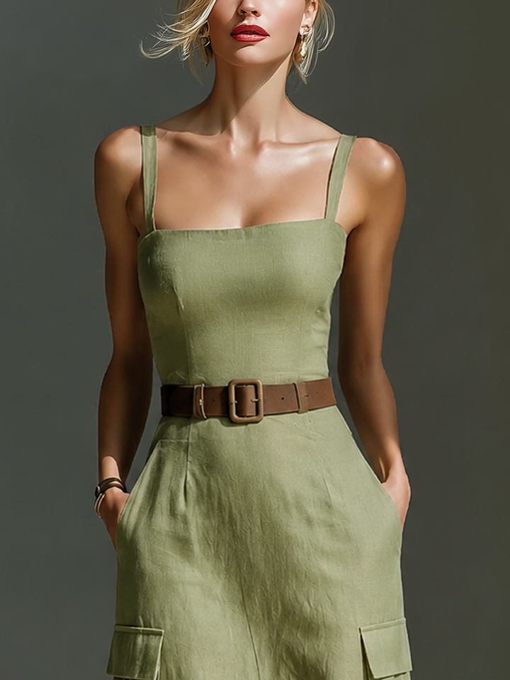 Olive Linen Midi Dress