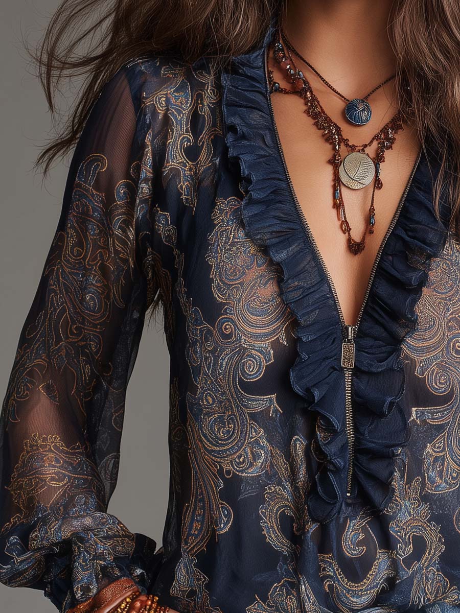 Navy Ruffle Blouse