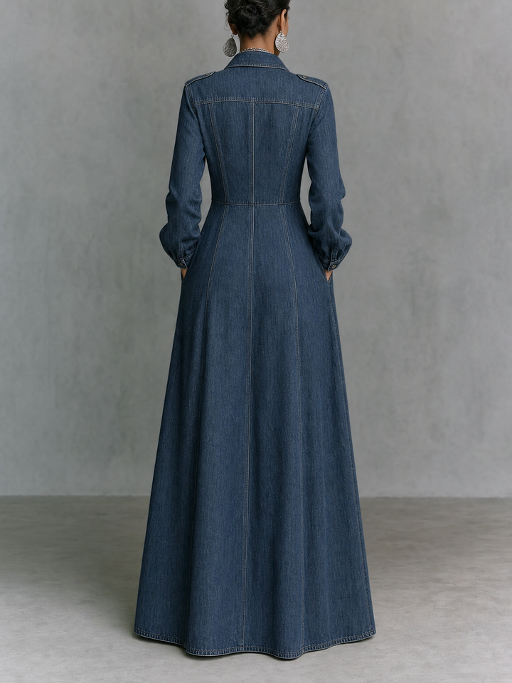 Women's Minimalist Long-Sleeve Denim Maxi Dress With Collar And Epaulettes MDZ0893G9WY