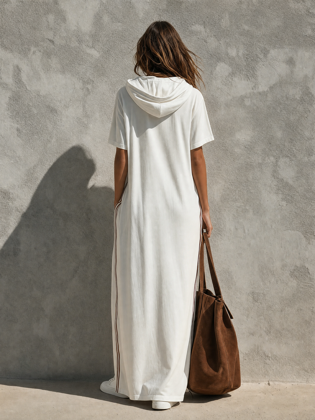 Women's Casual White Woven Hooded Short-sleeve Sporty Maxi Dress MDZ0987G2LXY