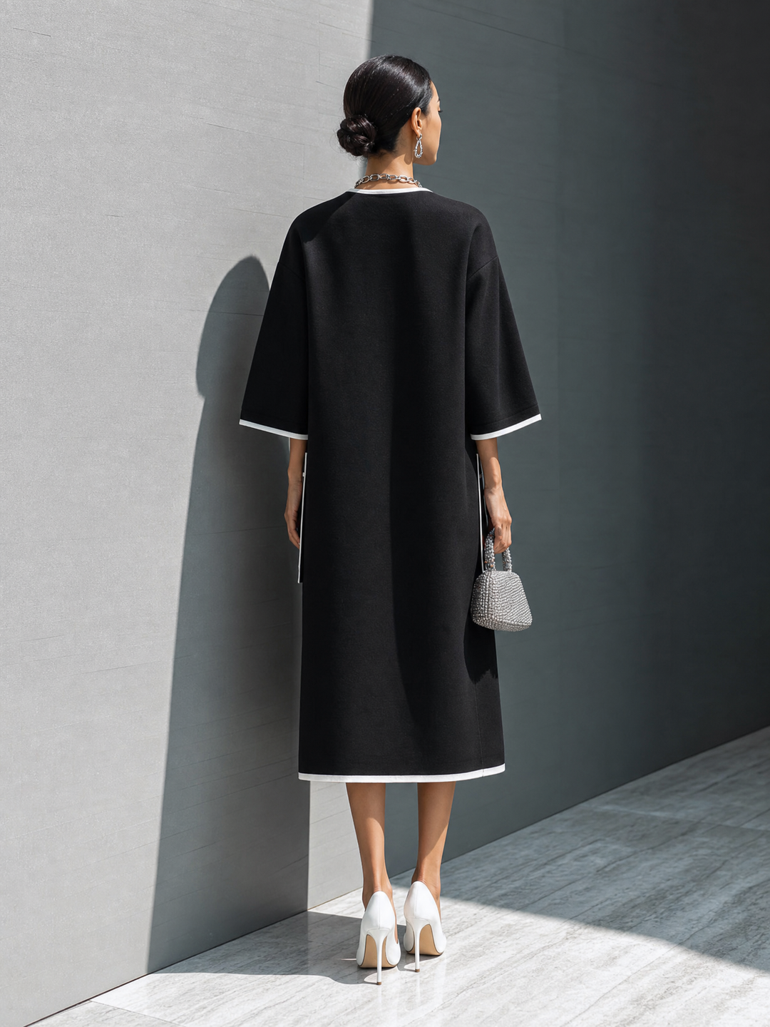Women's Luxury Commuter Black Cotton Blend Contrast Stitch Patch Pocket 3/4 Sleeve Midi Dress MDZ1060G4GMJ