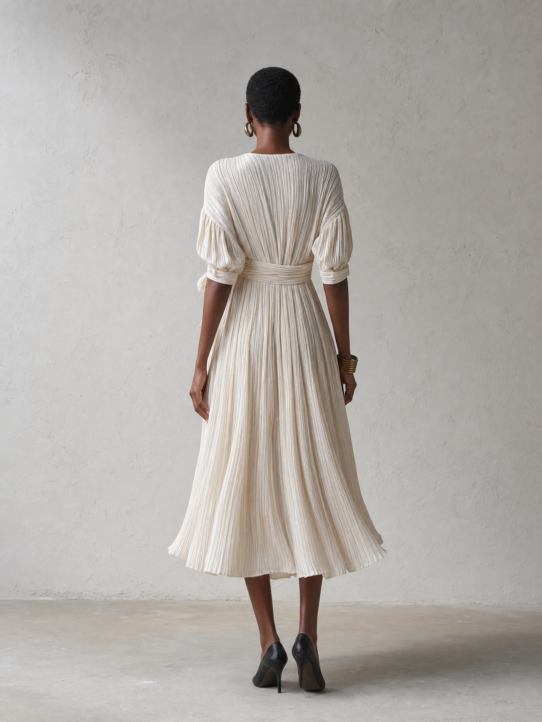 Women's Elegant Ivory Pleated Wrap V-Neck Tie Waist Batwing Sleeve Pleated Midi Dress MDZ1370G0ZSQ