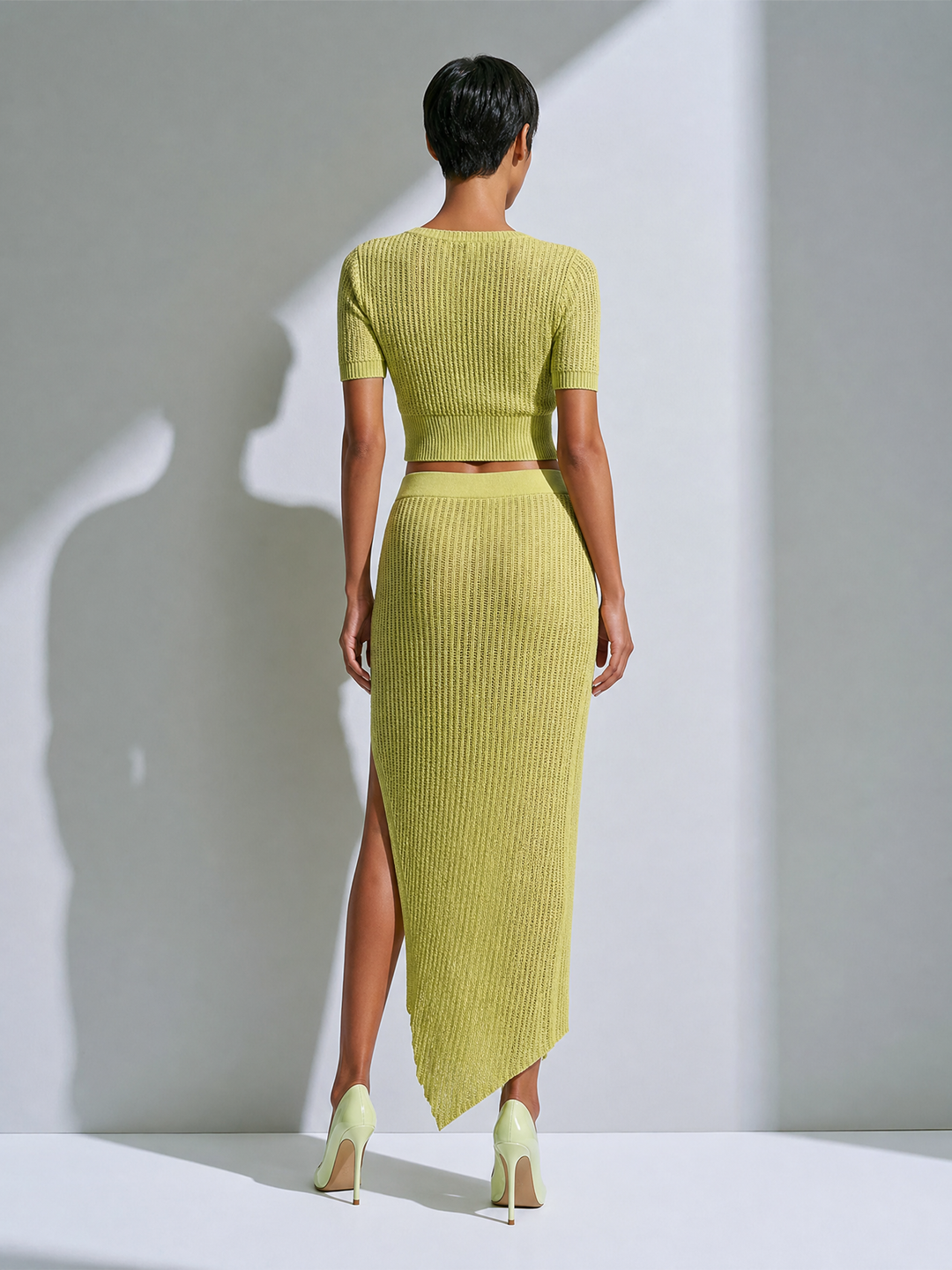 Women's Chic Lime Green Ribbed Knit V-Neck Button-Front Short Sleeve Cropped Cardigan And Side Slit Midi Skirt Two-Piece Set MDZ1376G2ZSQ