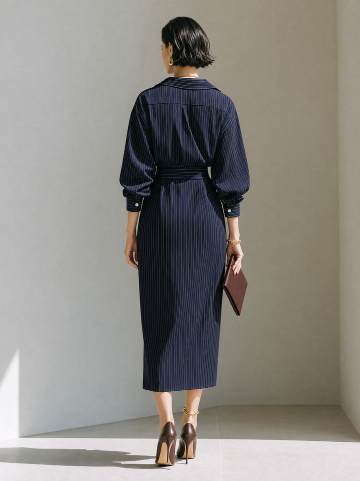 Women's Minimalist Vertical‑Striped Midi Shirt Dress With Blazer Collar And Long Sleeves MDZ1417G2ZRK