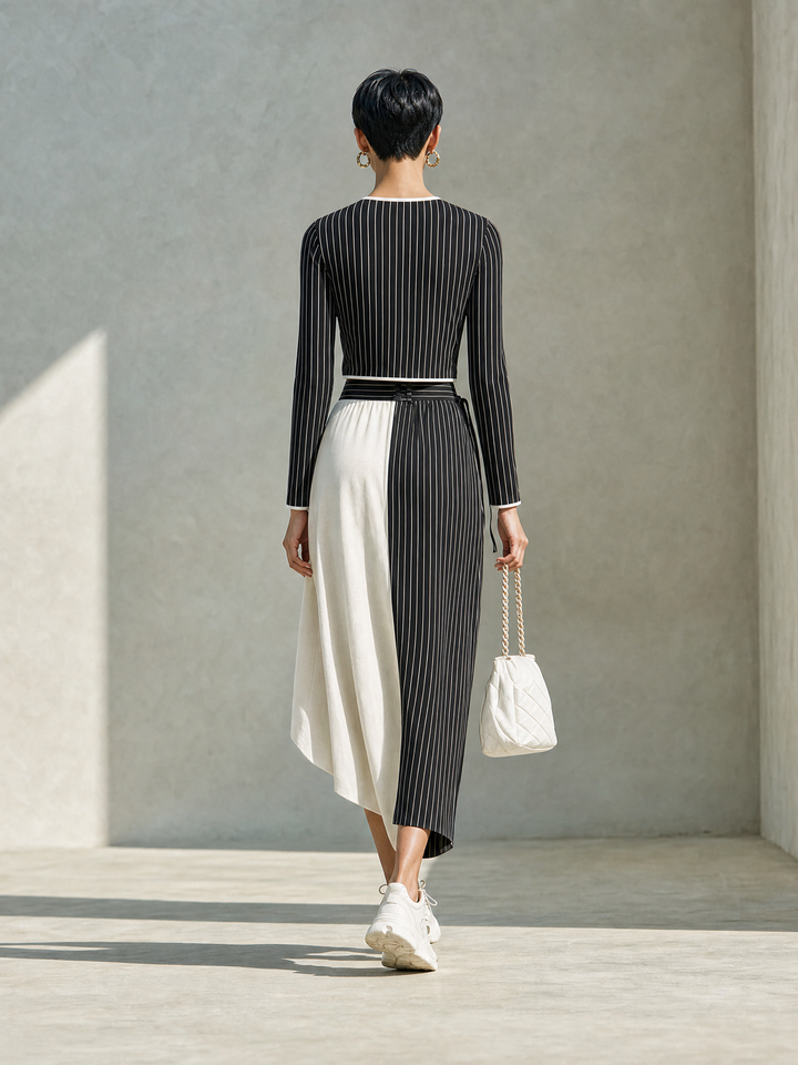 Women's Modern Black And White Pinstripe Knit Round Neck Long Sleeve Cropped Top And Contrast Wide-Leg Pants Two-Piece Set MDZ1436G2ZSQ