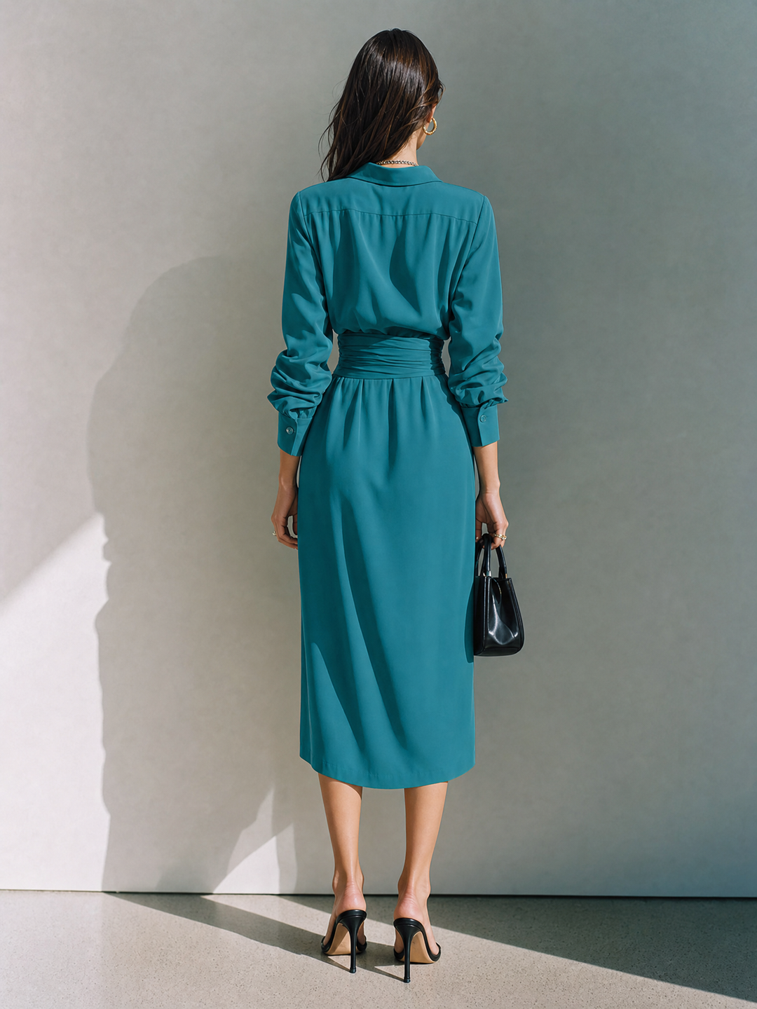 Women's Minimalist Solid‑Teal Midi Shirt Dress With Twisted Waist And Long Sleeves MDZ1447G9ZRK