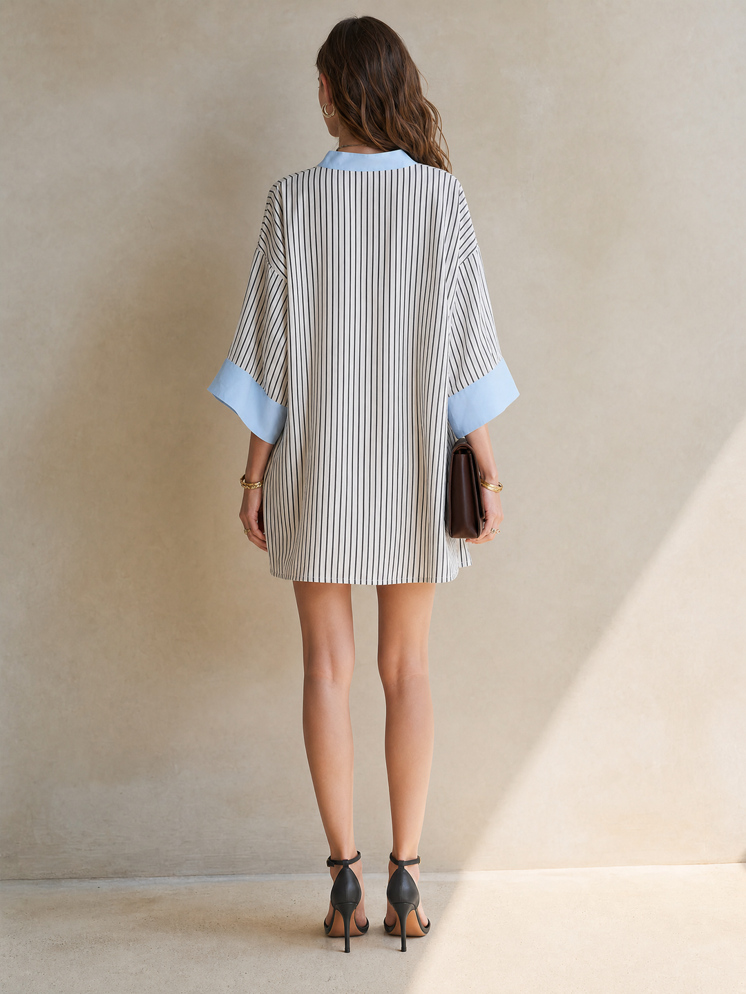 Women's Minimalist Vertical‑Striped Mini Dress With Light‑Blue Contrast Trim And Three‑Quarter Sleeves MDZ1480G2ZRK