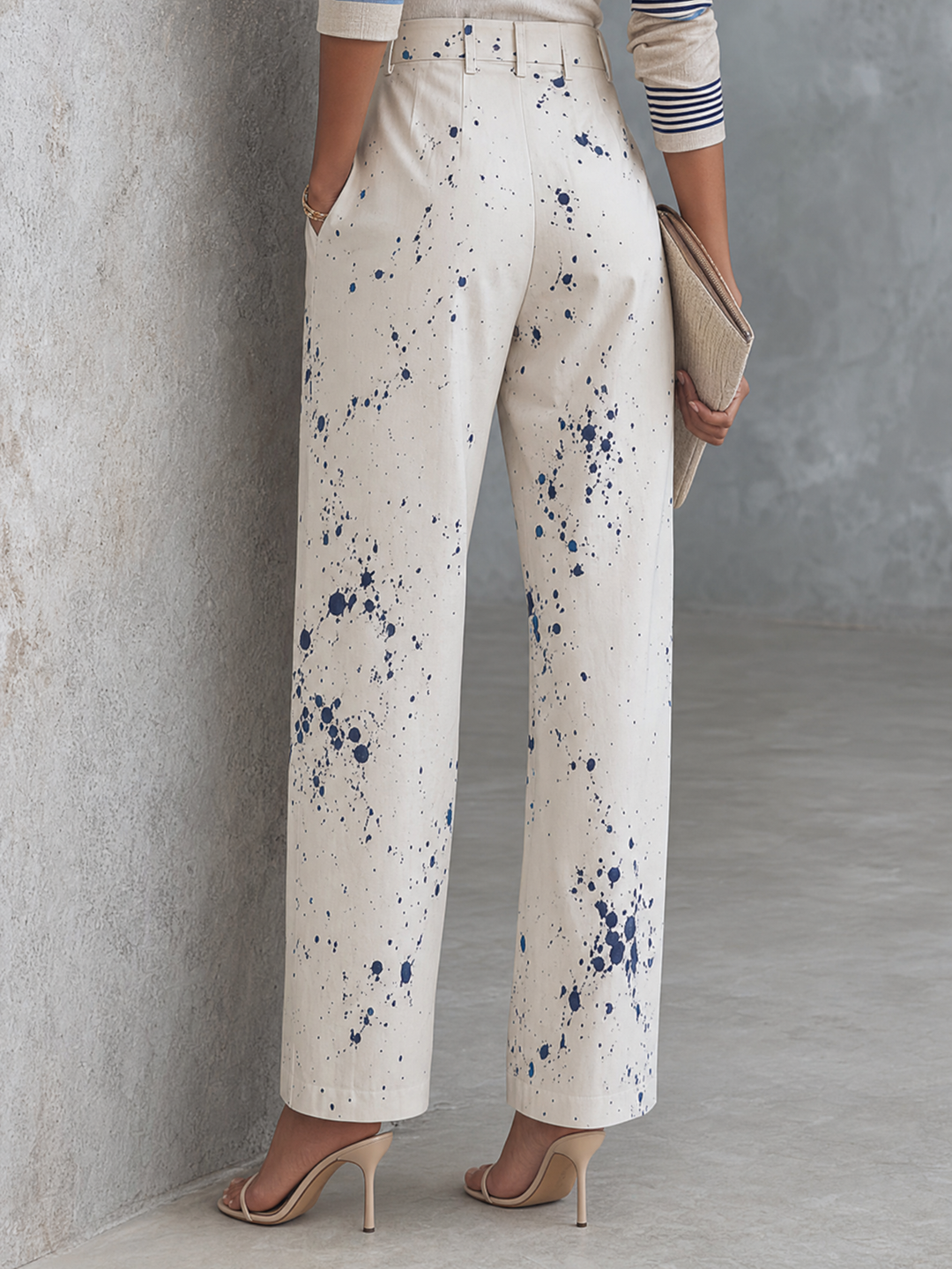 Women's Art Casual Off White Base Blue Splash Ink Cotton Blend High Waist Full Length Wide Leg Trousers MDZ1499G6GMJ