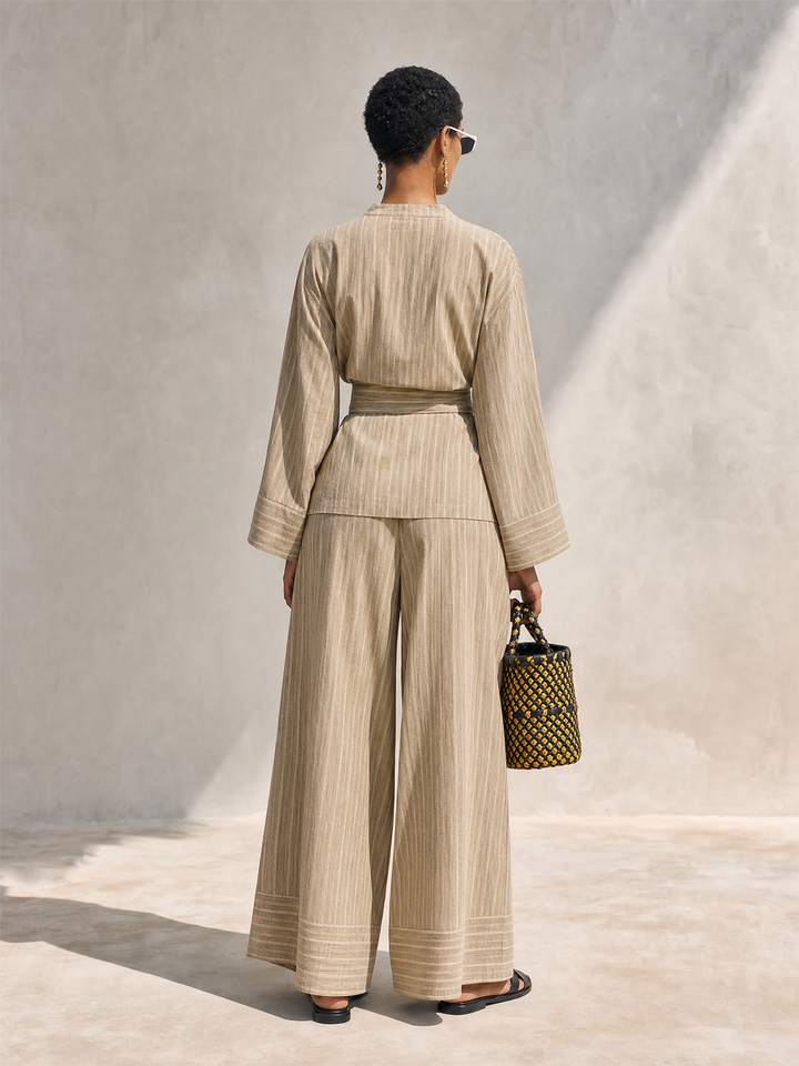 Women's Minimalist Flax Beige Linen Blend Striped Kimono Wrap Tie Waist Long Sleeve Top And Wide-Leg Pants Two-Piece Set MDZ1504G2ZSQ