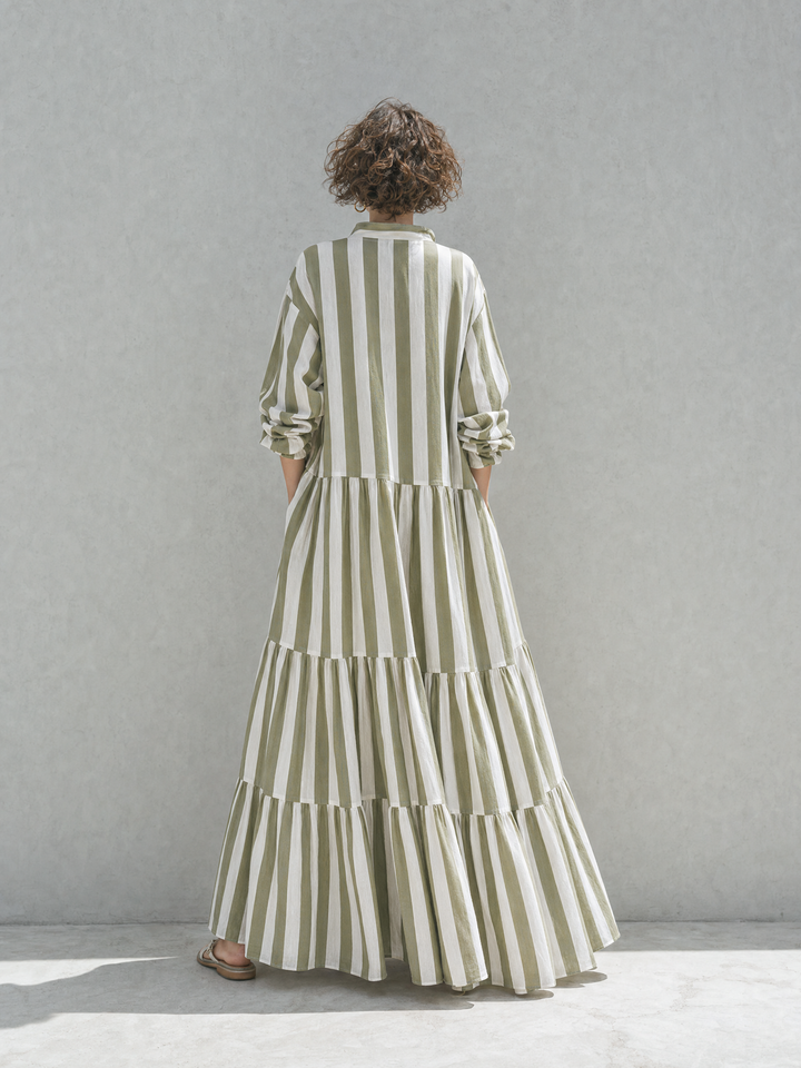 Women's Resort-Style Green And White Striped Stand-Collar Zip Long-Sleeve Tiered Full-Flare Cotton Maxi Dress MDZ1532G2CMX