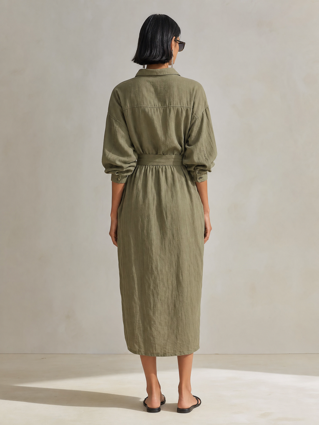 Women's Utility Style Olive Green Linen Blend Collared Long Sleeve Belted Button-Front Patch Pocket Midi Shirt Dress MDZ1569G6ZSQ