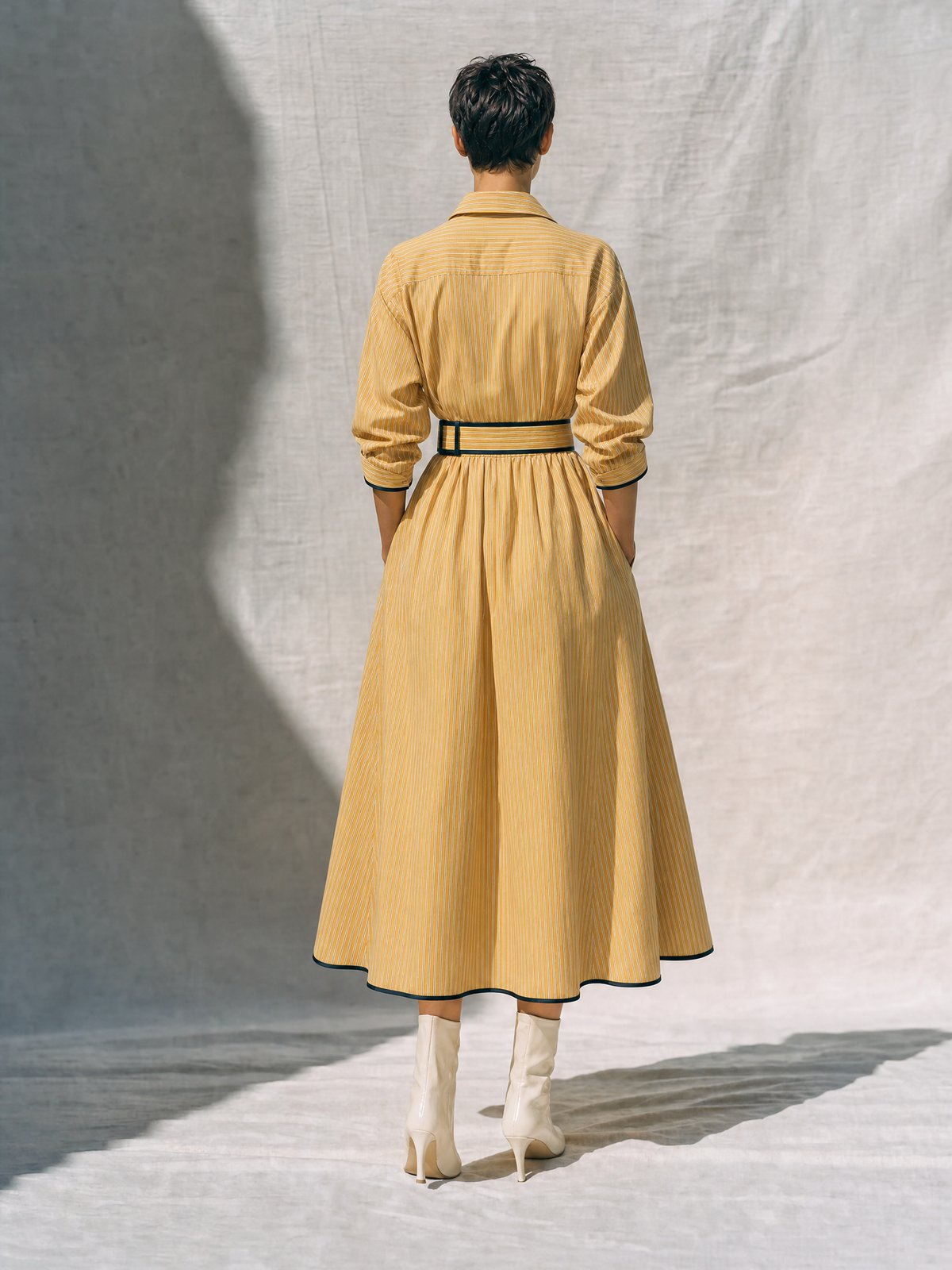 Women's Retro Style Yellow Cotton Blend Striped Collared Long Sleeve Belted Button-Front Contrast Trim Midi Shirt Dress MDZ1572G3ZSQ