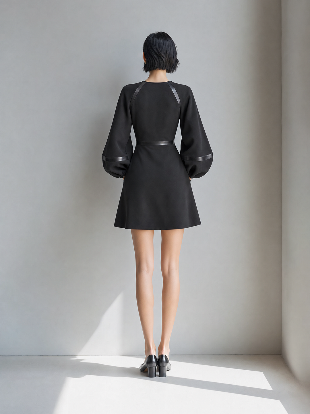 Women's Elegant Black Ponte Knit Round Neck Balloon Sleeve Satin Trim Fit And Flare Mini Dress MDZ1579G1ZSQ