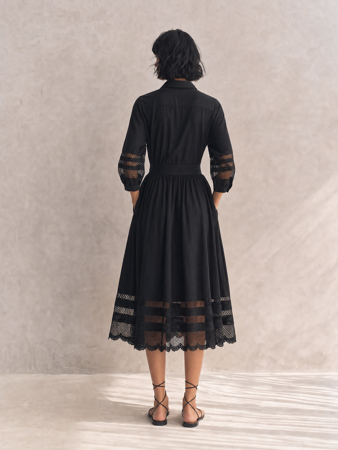 Women's Elegant Black Cotton Blend Collared Three-Quarter Sleeve Belted Lace Trim Button-Front Midi Shirt Dress MDZ1579G4ZSQ