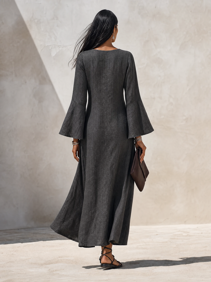 Women's Minimalist Solid‑Dark‑Grey Linen‑Blend Flared‑Sleeve Maxi Dress MDZ1593G8ZRK