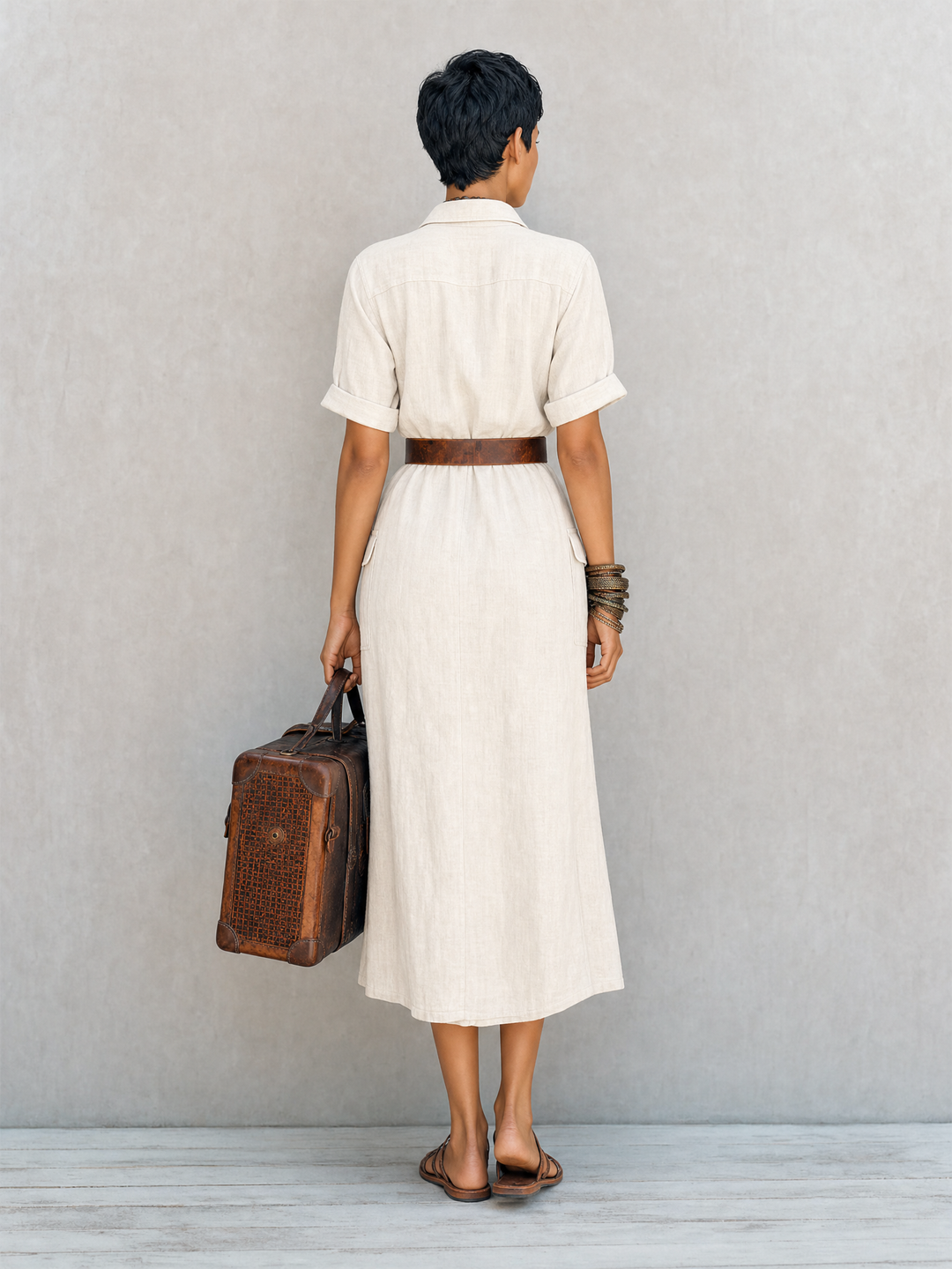 Women's Safari Style Natural Linen Blend Collared Short Sleeve Button-Front Belted Utility Midi Shirt Dress MDZ1597G0ZSQ
