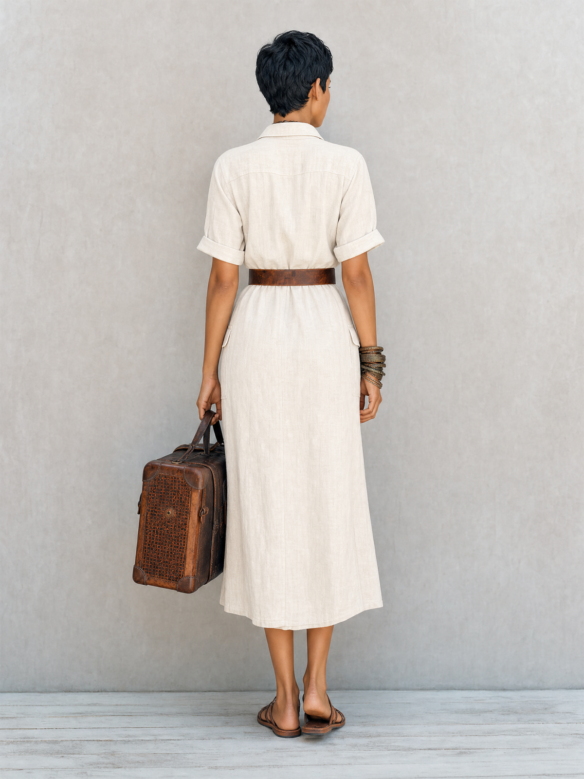 Women's Safari Style Natural Linen Blend Collared Short Sleeve Button-Front Belted Utility Midi Shirt Dress MDZ1597G0ZSQ