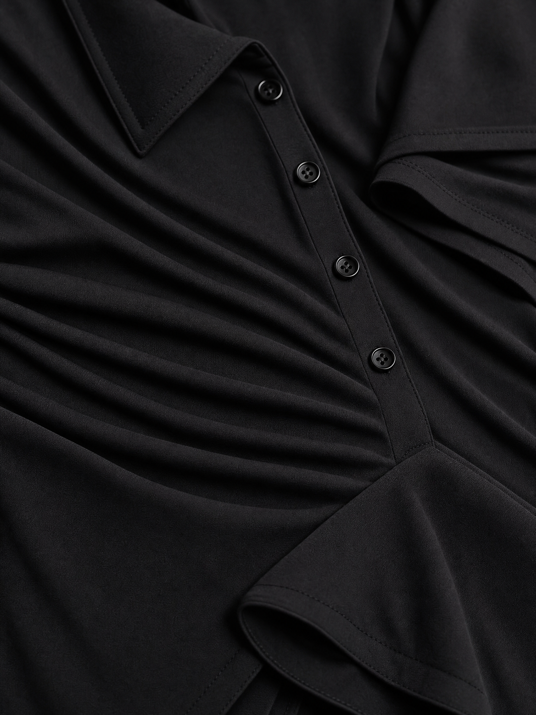 Women's Solid Black Soft Jersey Floor Dress With V Neck Henley Buttons & Figure-Hugging Silhouette, Modern Minimalist Casual Formal Maxi Dress MDZ2617F2LYL