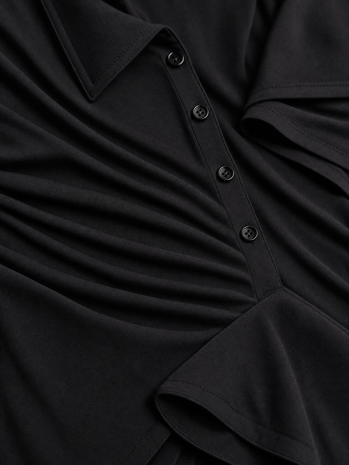 Women's Solid Black Soft Jersey Floor Dress With V Neck Henley Buttons & Figure-Hugging Silhouette, Modern Minimalist Casual Formal Maxi Dress MDZ2617F2LYL