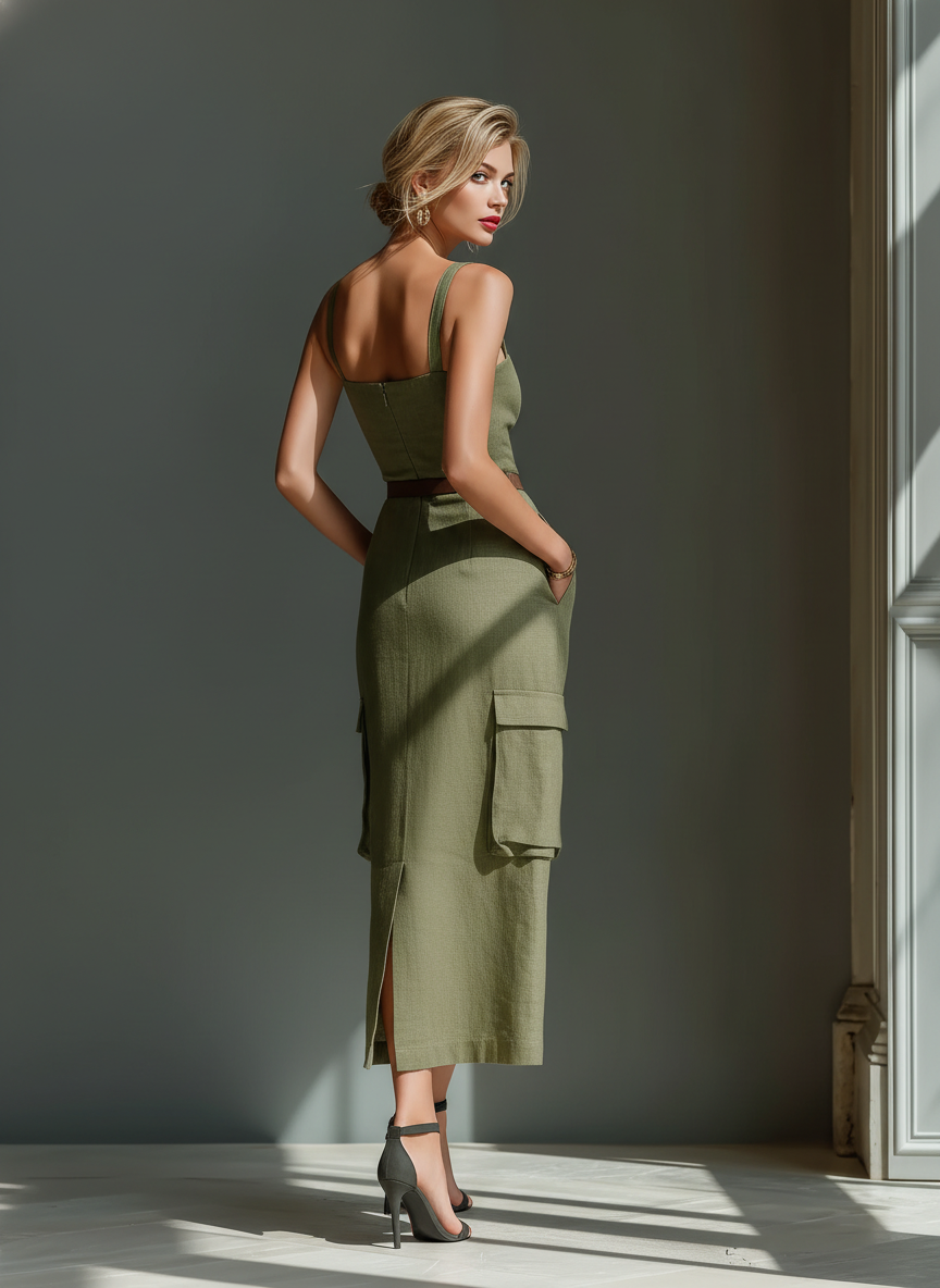 Olive Linen Midi Dress