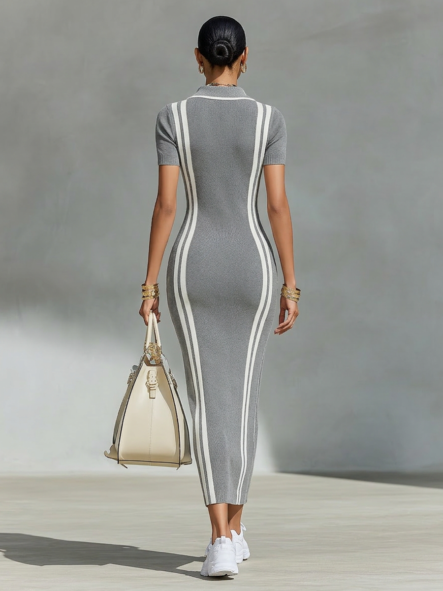 Sporty Stripe Zip Ribbed-Knit Maxi Dress
