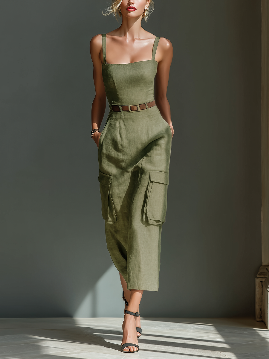 Olive Linen Midi Dress