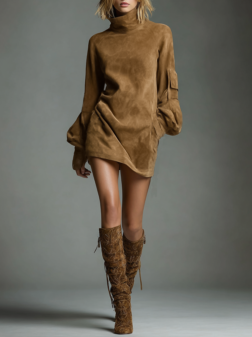Suede Turtleneck Dress