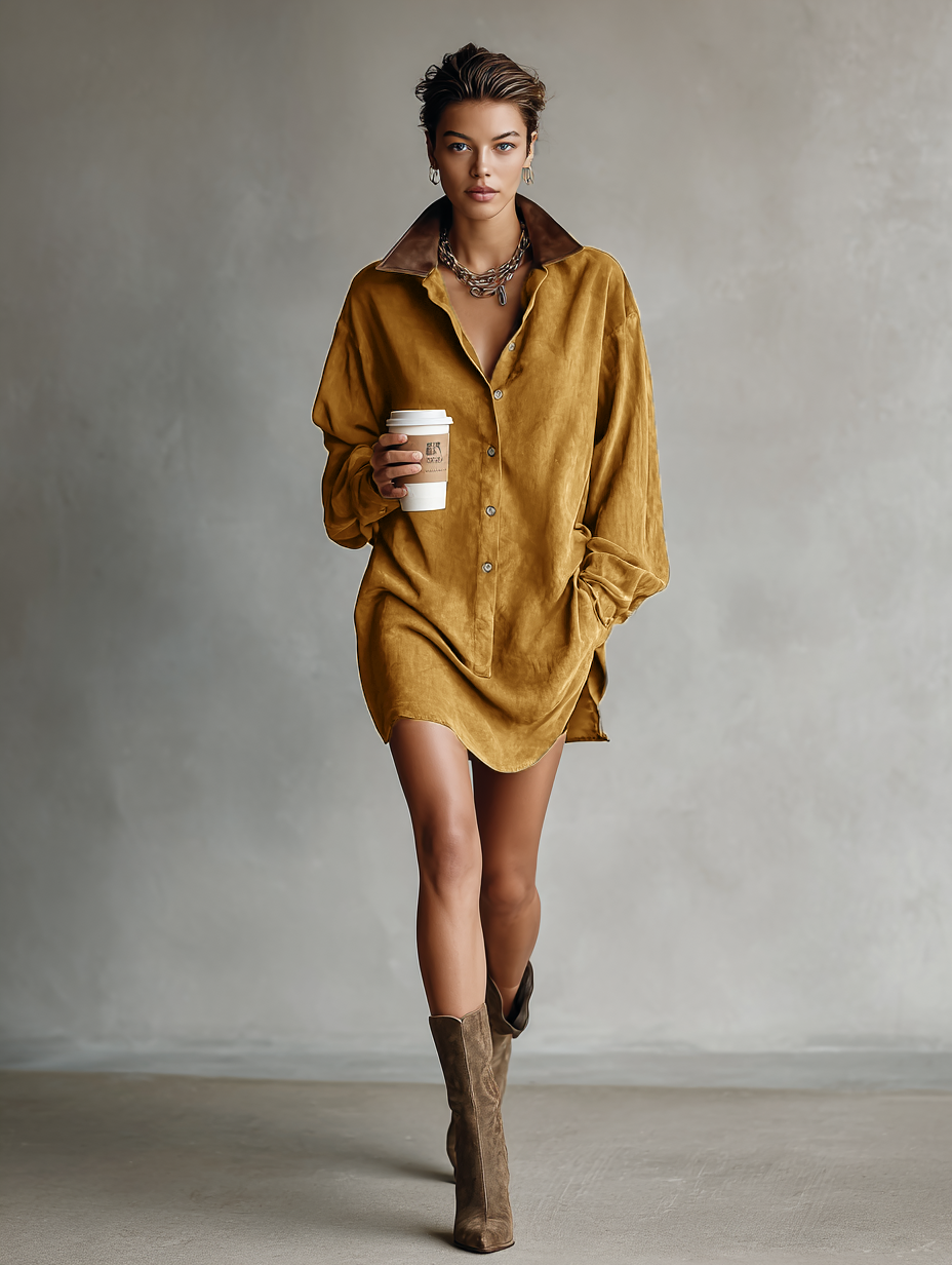 Lapel Suede Mini Dress